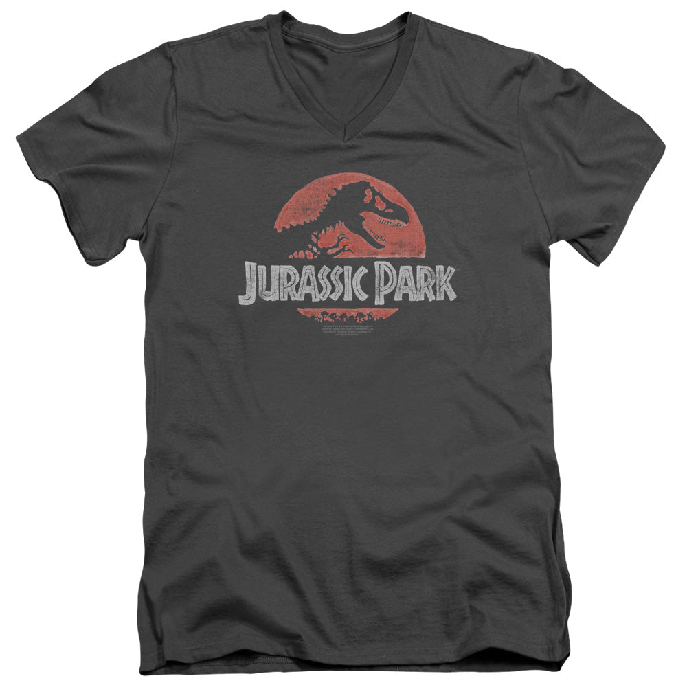 Jurassic Park Faded Logo Mens Slim Fit V-Neck T Shirt Charcoal
