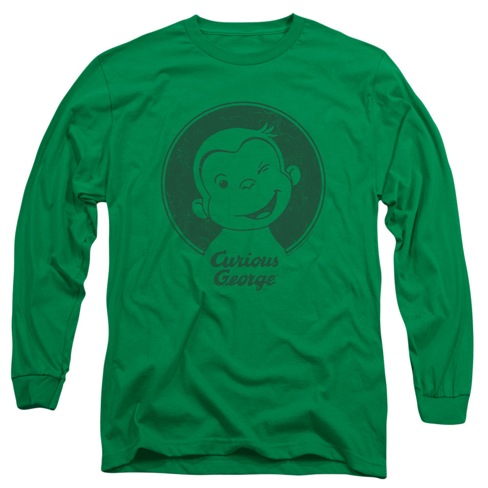 Curious George Classic Wink Mens Long Sleeve Shirt Kelly Green Officially Licensed