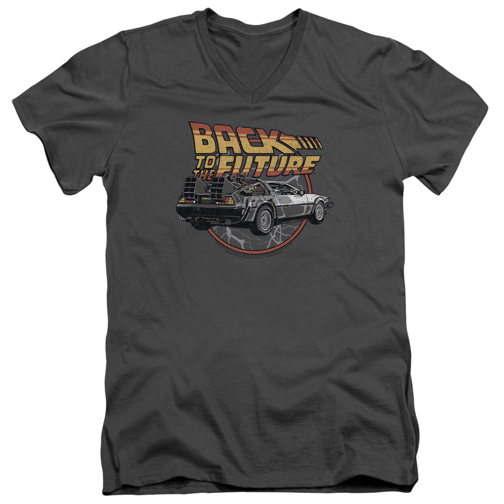 Back To The Future Time Machine Mens Slim Fit V-Neck T Shirt Charcoal