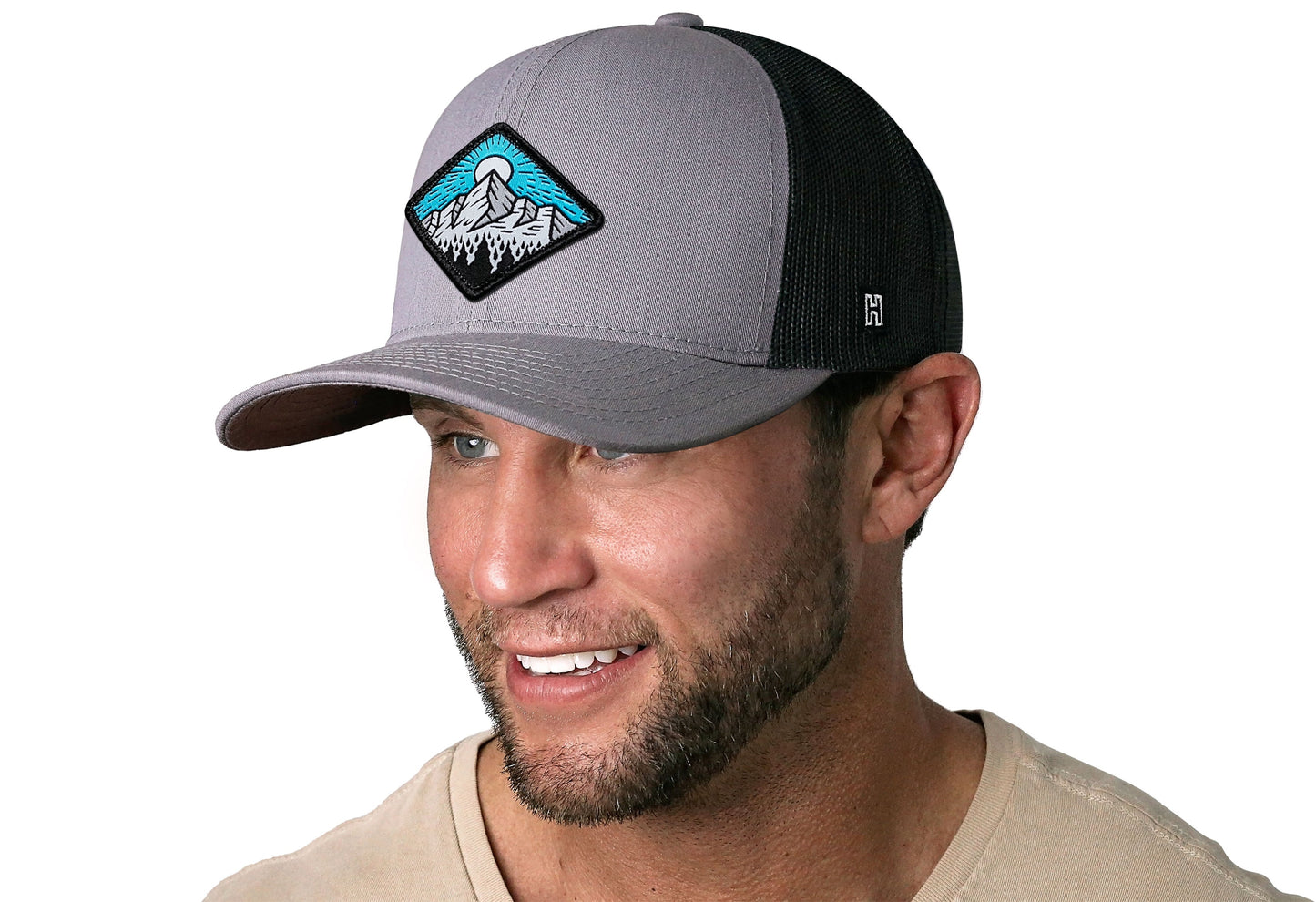 Diamond Mountain and Trees Trucker Haka Hat Gray-Black Outdoors Snapback