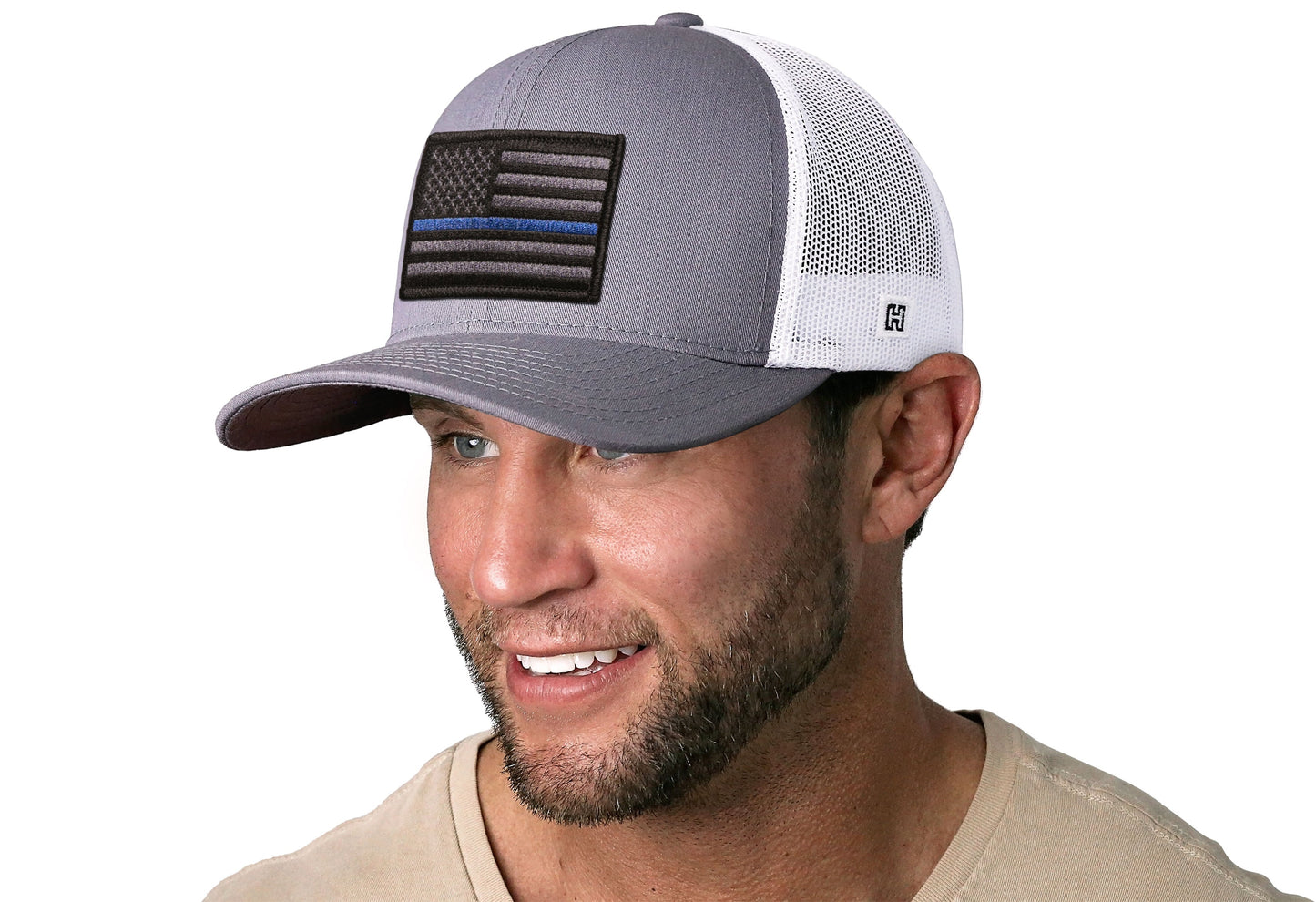 Thin Blue Line Trucker Haka Hat Gray-White Police Tactical Snapback