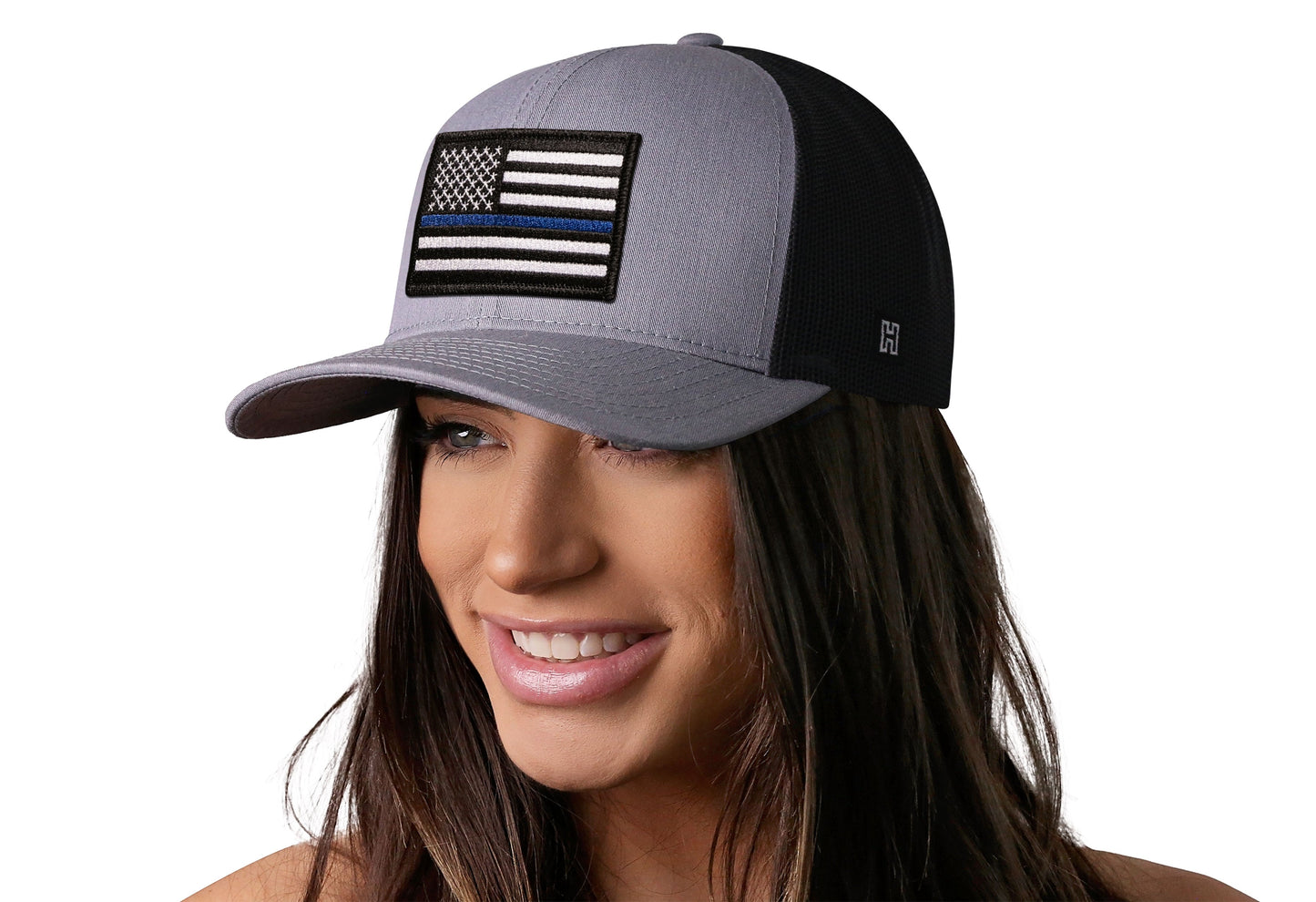 Thin Blue Line Trucker Haka Hat Gray-Black Police Snapback