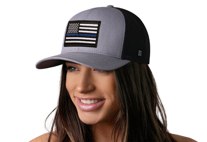 Thin Blue Line Trucker Haka Hat Gray-Black Police Snapback