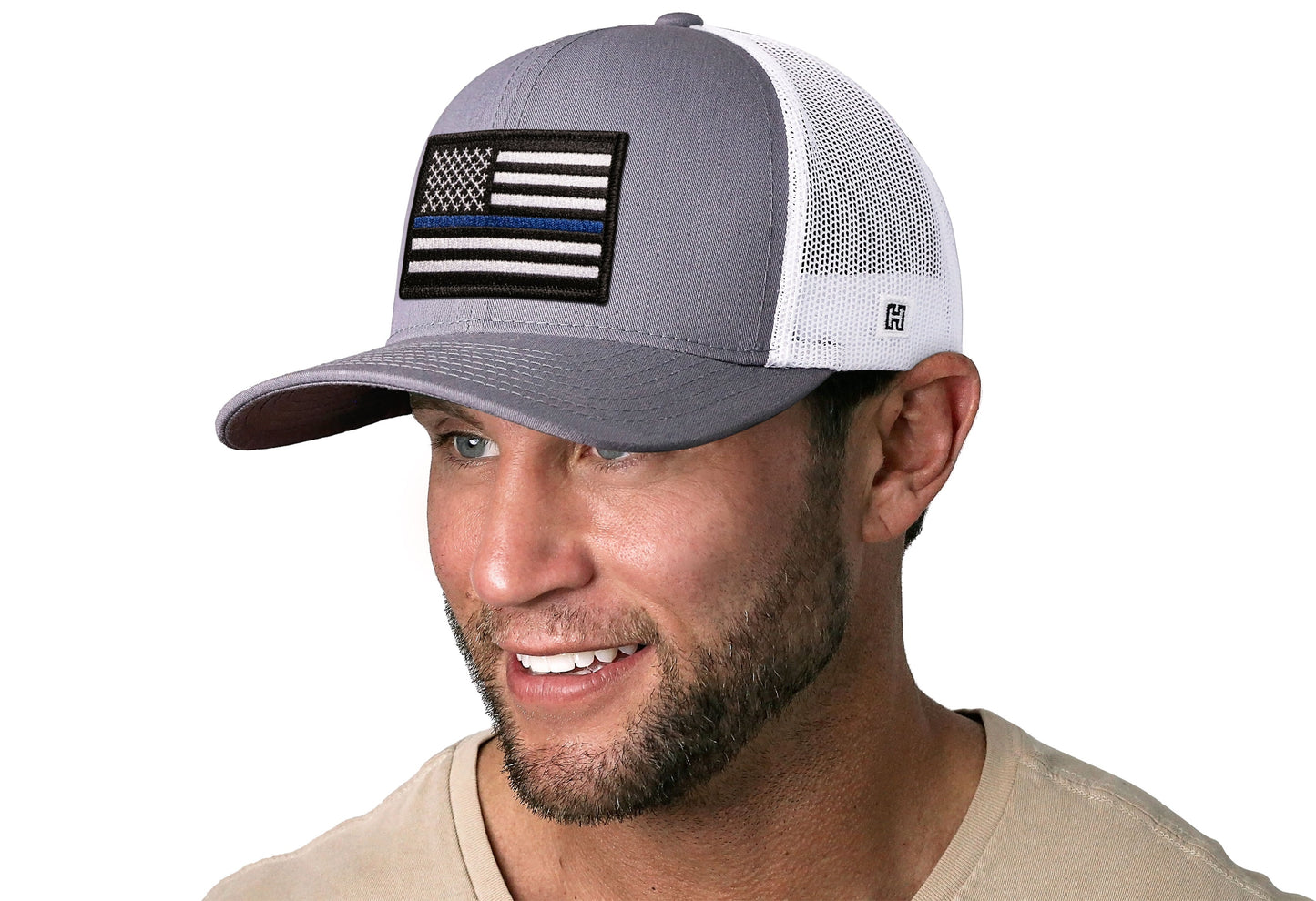 Thin Blue Line Trucker Haka Hat Gray-White Police Snapback