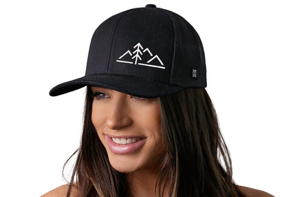 Mountains with Pine Tree Trucker Haka Hat Black Outdoors Snapback