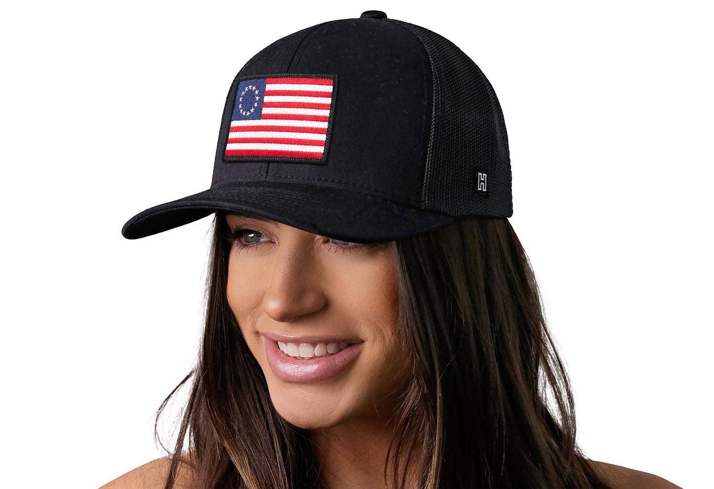 Betsy Ross Flag Trucker Haka Hat Black USA Snapback