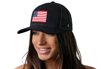 Betsy Ross Flag Trucker Haka Hat Black USA Snapback