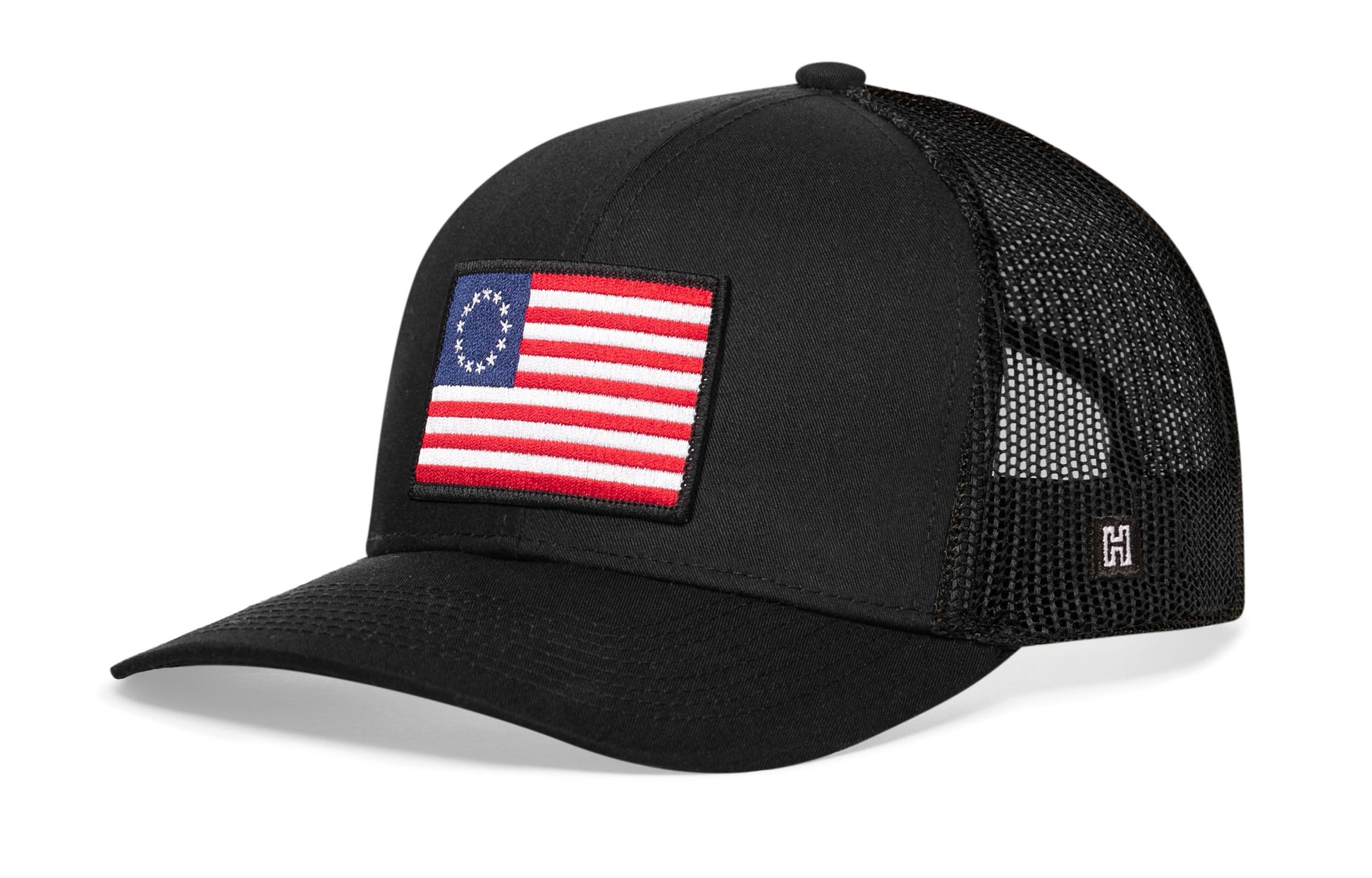 Betsy Ross Flag Trucker Haka Hat Black USA Snapback