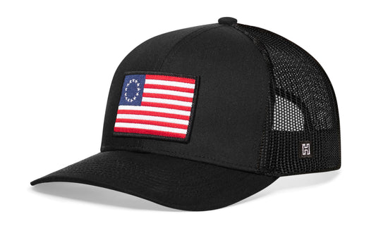 Betsy Ross Flag Trucker Haka Hat Black USA Snapback