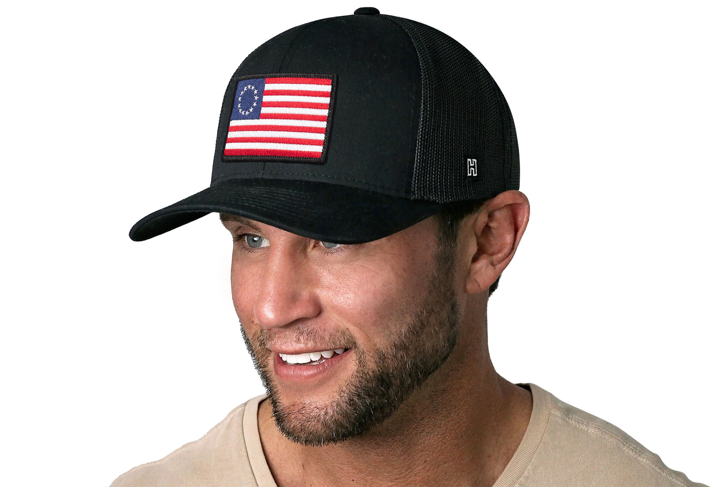 Betsy Ross Flag Trucker Haka Hat Black USA Snapback