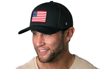 Betsy Ross Flag Trucker Haka Hat Black USA Snapback