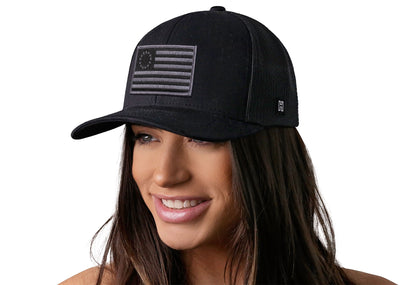 Betsy Ross Flag Trucker Haka Hat Black USA Snapback