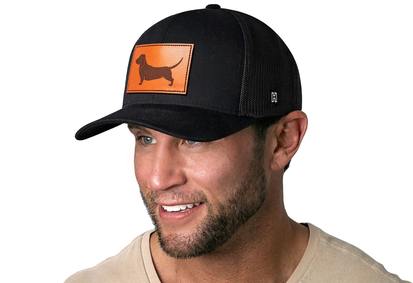 Dachshund Trucker Leather Haka Hat Black Dog Snapback