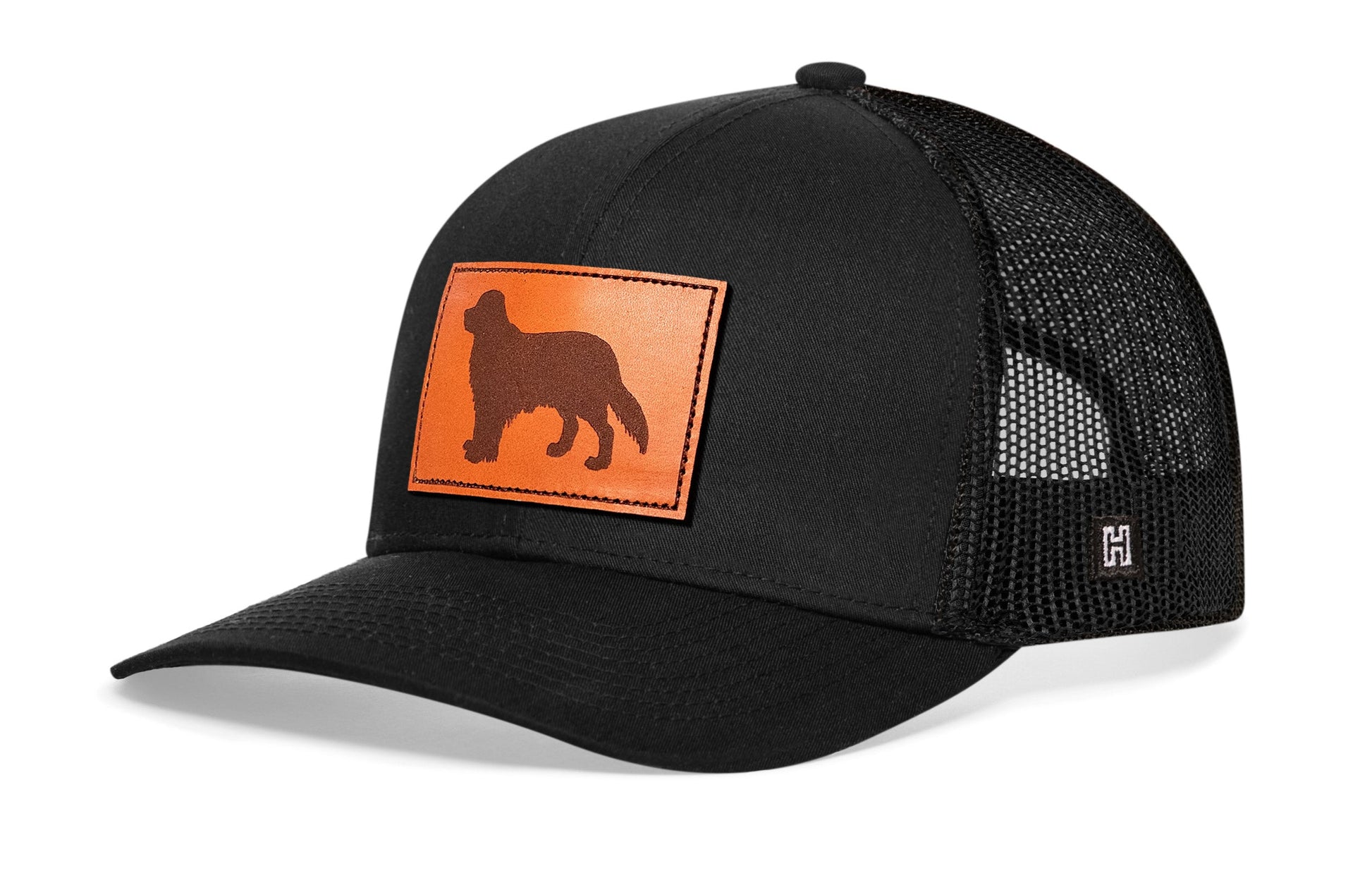 Golden Retriever Trucker Leather Haka Hat Black Dog Snapback