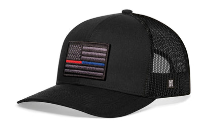 Thin Red and Blue Line Trucker Haka Hat Black Police And Fire Tactical Snapback
