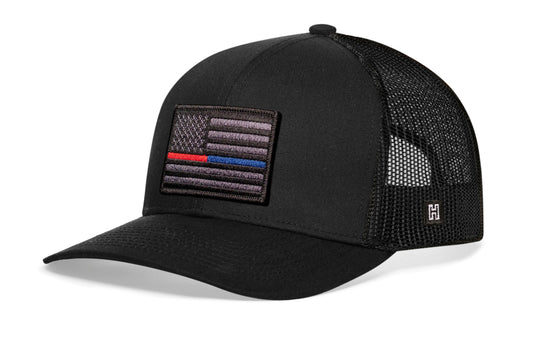 Thin Red and Blue Line Trucker Haka Hat Black Police And Fire Tactical Snapback