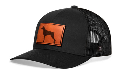 Doberman Trucker Leather Haka Hat Black Dog Snapback