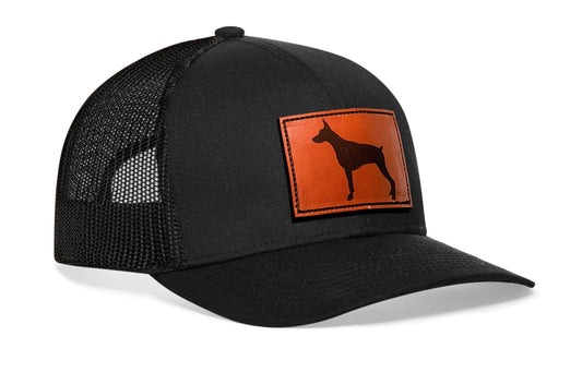 Doberman Trucker Leather Haka Hat Black Dog Snapback