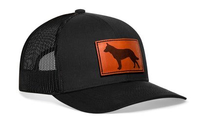 German Shepherd Trucker Leather Haka Hat Black Dog Snapback
