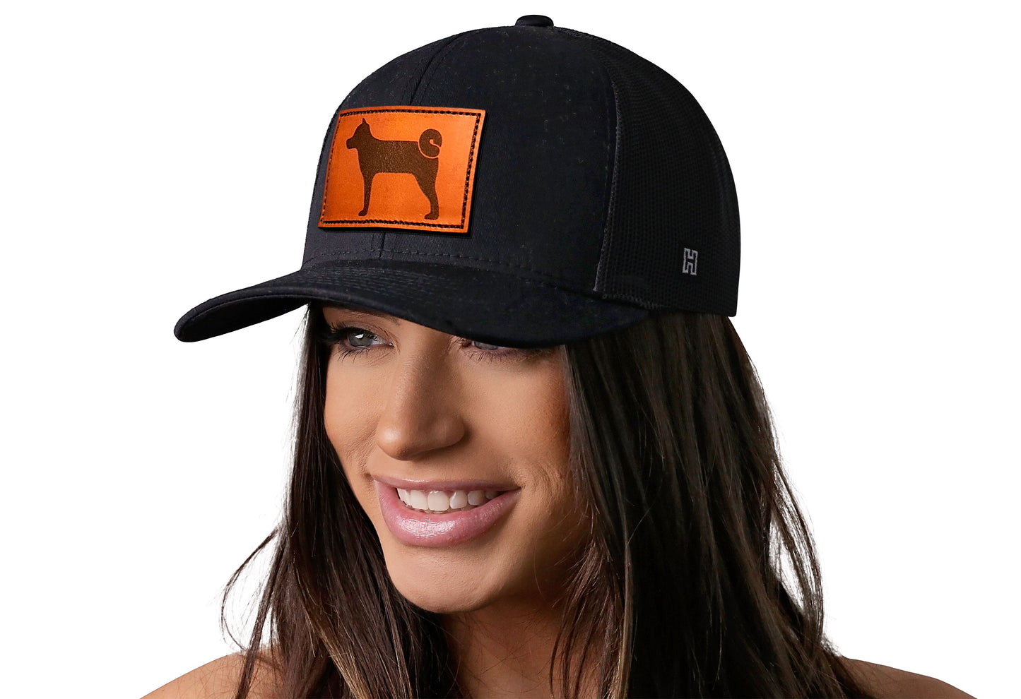 Shiba Inu Trucker Leather Haka Hat Black Dog Snapback