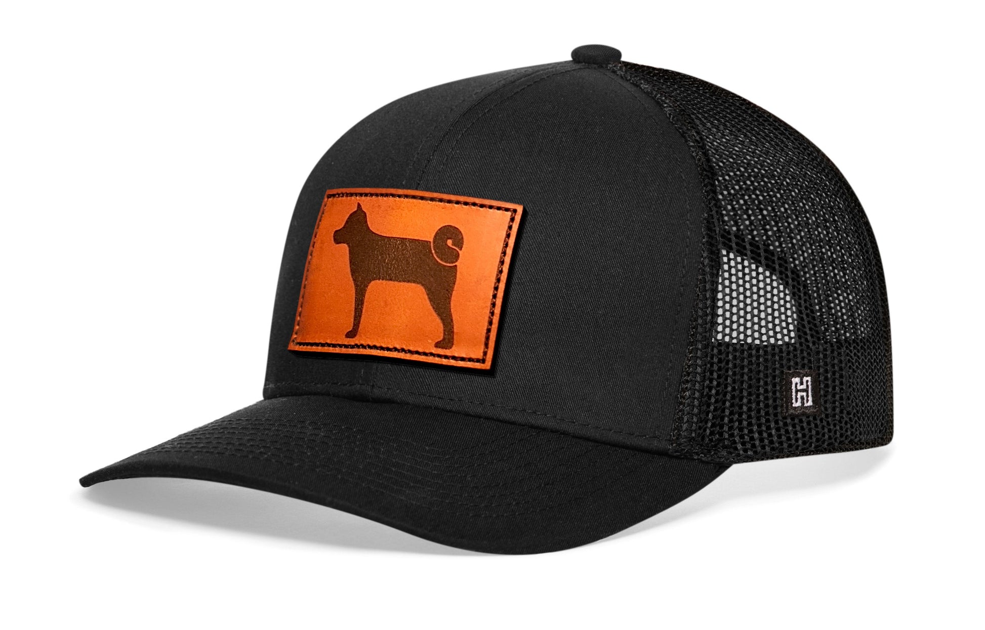 Shiba Inu Trucker Leather Haka Hat Black Dog Snapback