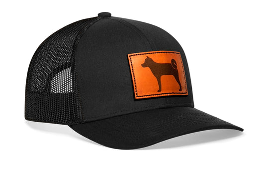 Shiba Inu Trucker Leather Haka Hat Black Dog Snapback