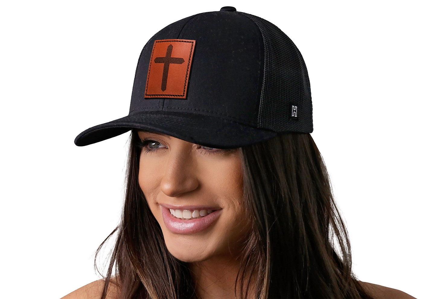 Cross Trucker Hat Rectangle Leather Haka Hat Black cross Snapback
