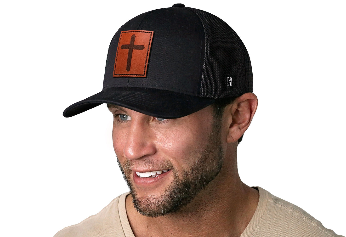 Cross Trucker Hat Rectangle Leather Haka Hat Black cross Snapback