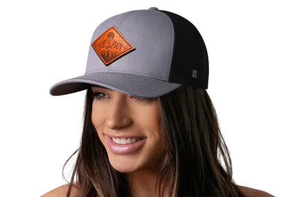 Diamond Mountain and Trees Trucker Leather Haka Hat Gray-Black Outdoors Snapback
