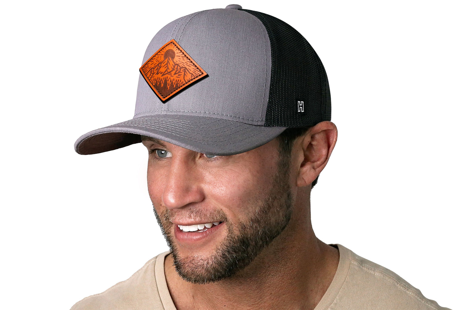 Diamond Mountain and Trees Trucker Leather Haka Hat Gray-Black Outdoors Snapback