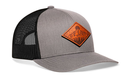 Diamond Mountain and Trees Trucker Leather Haka Hat Gray-Black Outdoors Snapback