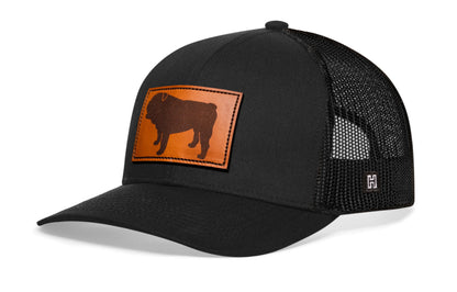 English Bulldog Trucker Leather Haka Hat Black Dog Snapback