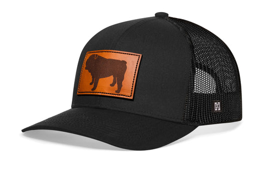 English Bulldog Trucker Leather Haka Hat Black Dog Snapback