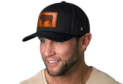 English Bulldog Trucker Leather Haka Hat Black Dog Snapback