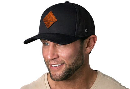 Campfire Trucker Leather Haka Hat Black Outdoors Snapback
