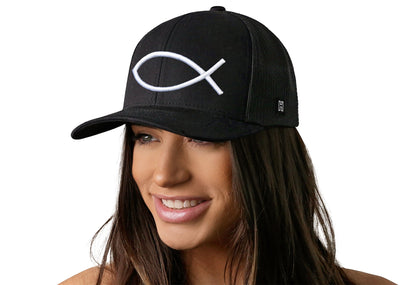 Jesus Fish Trucker Haka Hat Black bold ichthys Snapback