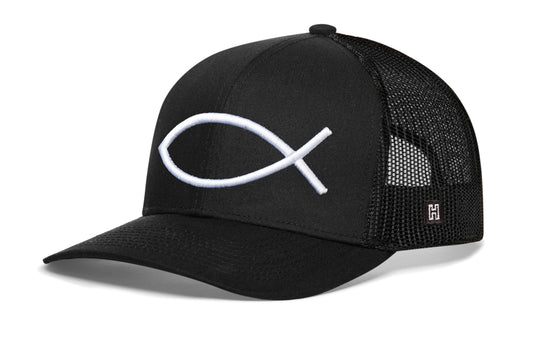 Jesus Fish Trucker Haka Hat Black bold ichthys Snapback