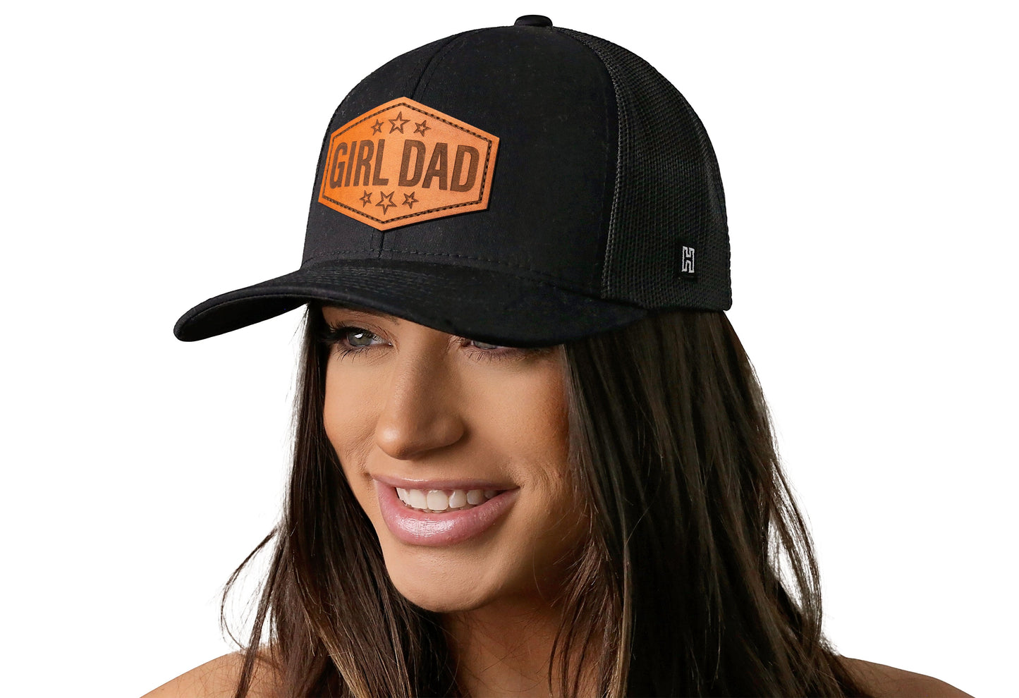 Girl Dad Leather Trucker Haka Hat Black  Snapback