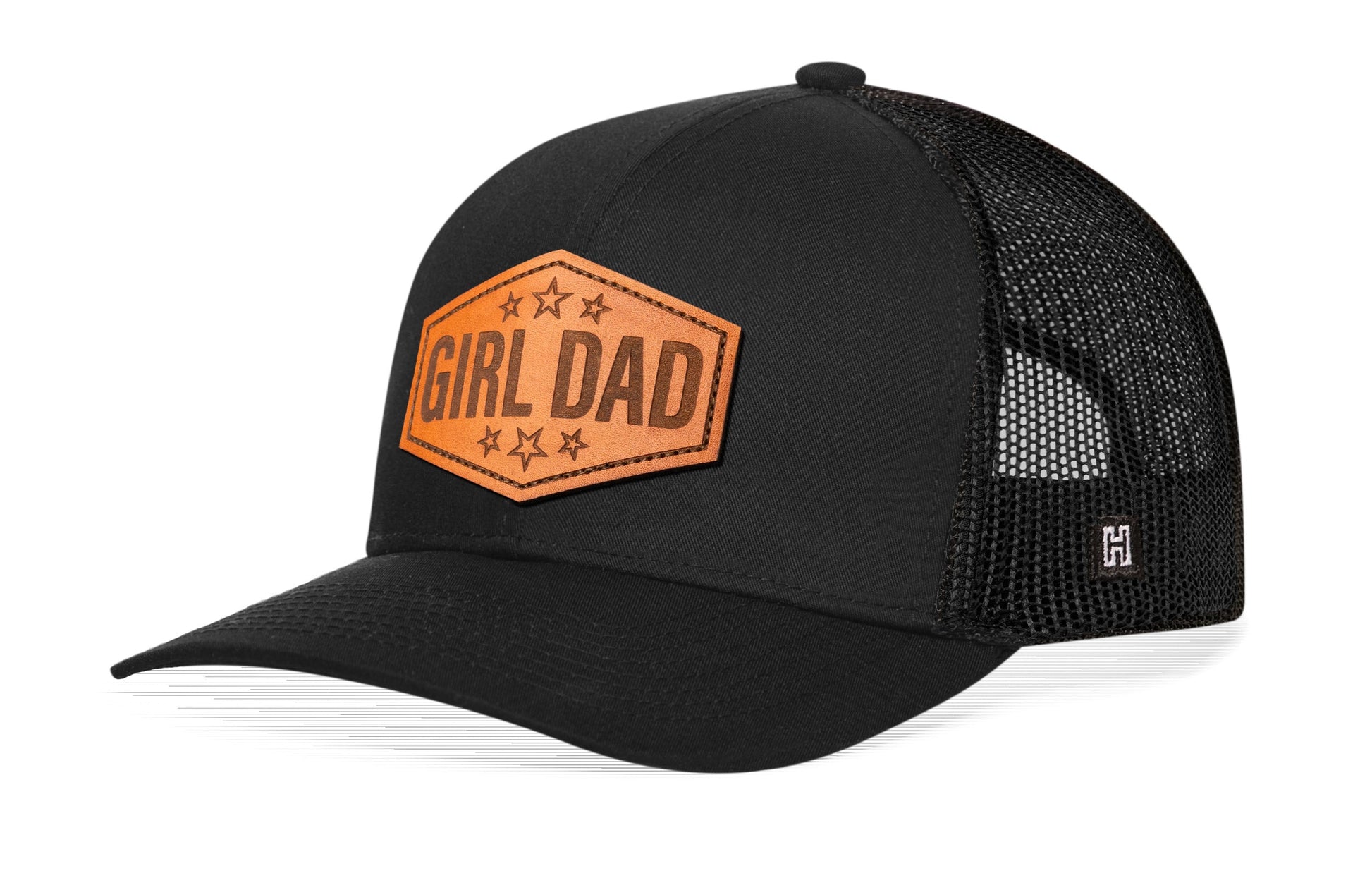 Girl Dad Leather Trucker Haka Hat Black  Snapback