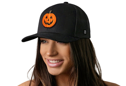 Jack-O-Lantern Trucker Hat Trucker Haka Hat Black Pumpkin Snapback