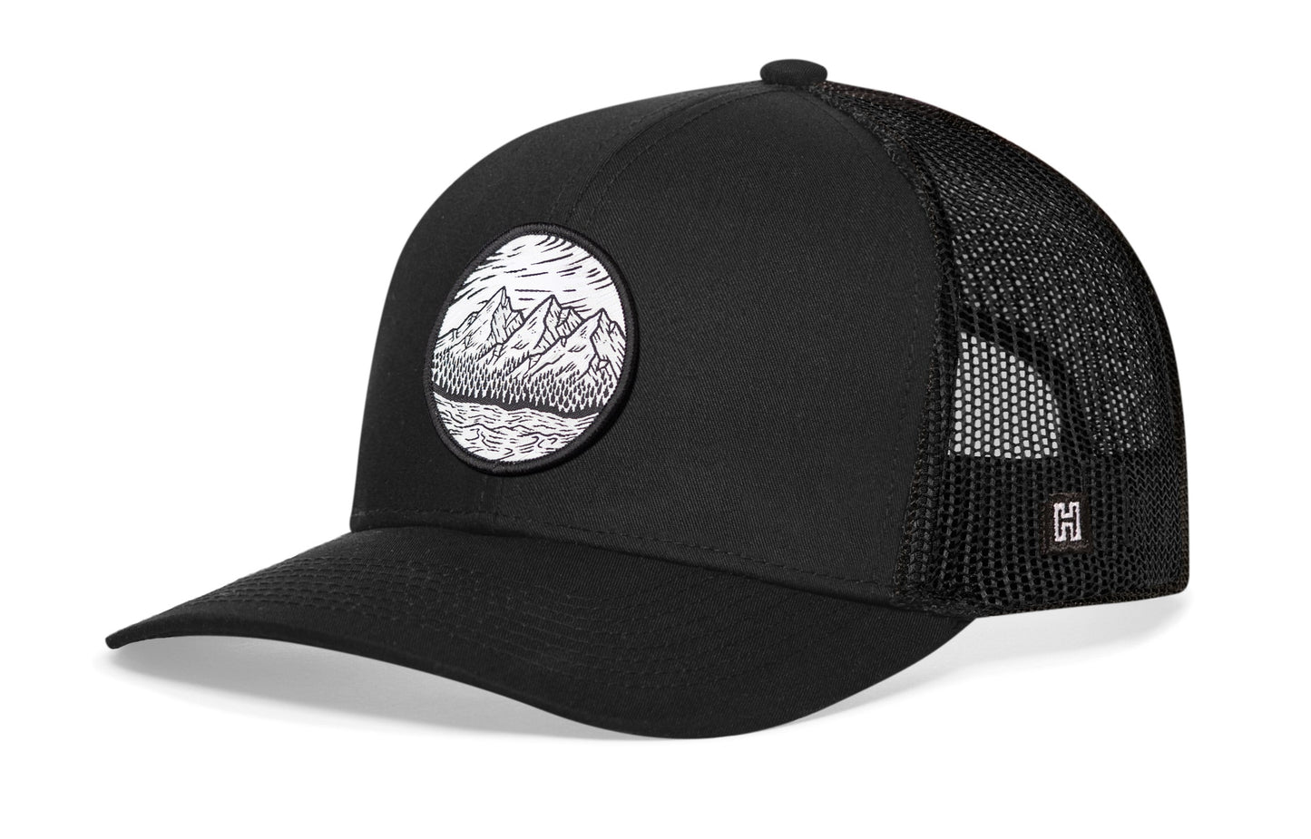 Circle Mountain and Trees Trucker Haka Hat Black Outdoors Snapback
