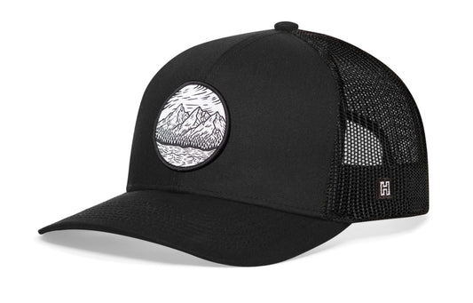 Circle Mountain and Trees Trucker Haka Hat Black Outdoors Snapback