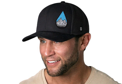 Rainddrop Mountain and Trees Trucker Haka Hat Black Outdoors Snapback