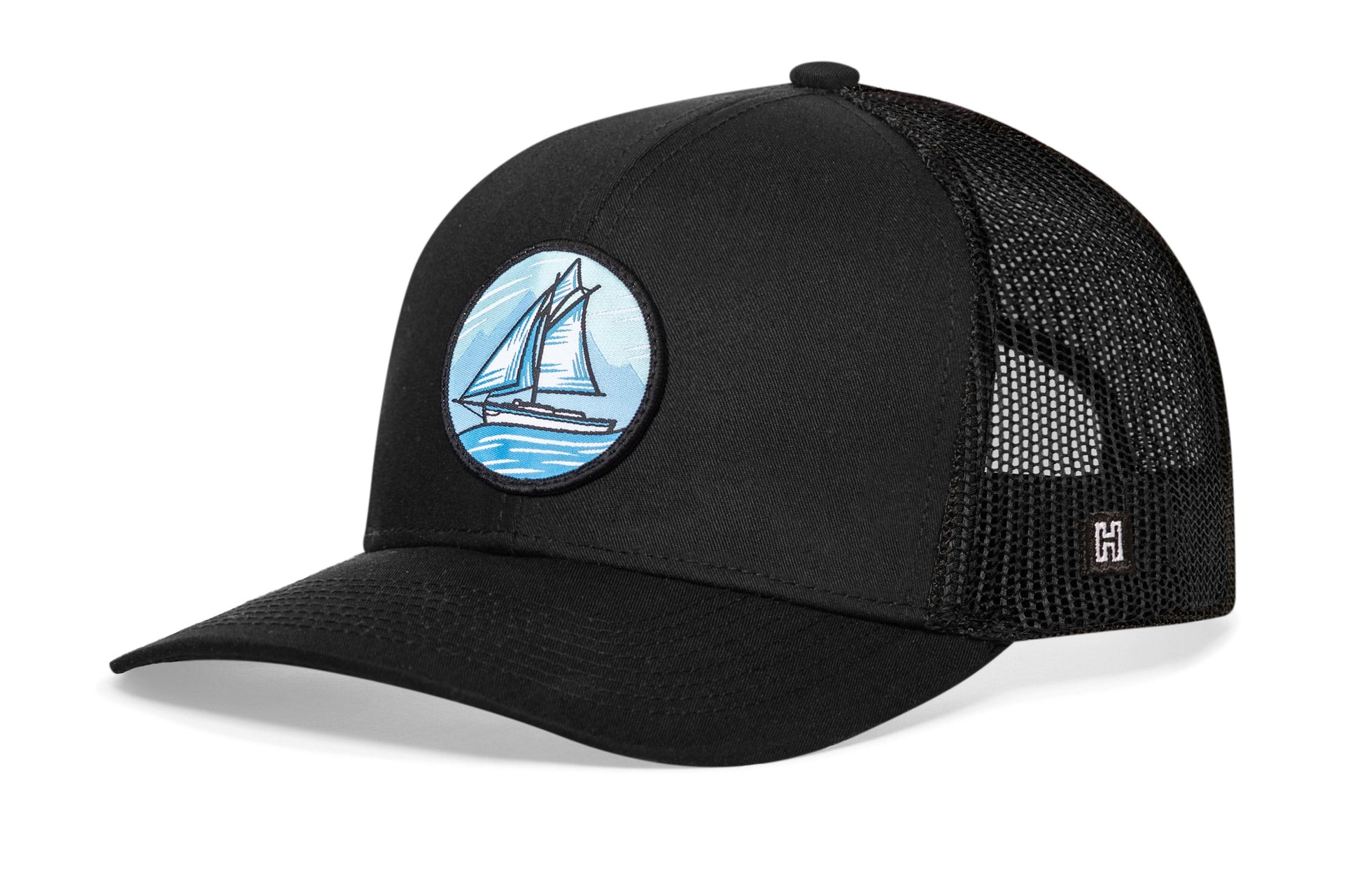 Sailboat Trucker Haka Hat Black Boating Snapback