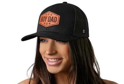 Boy Dad Leather Trucker Haka Hat Black Snapback