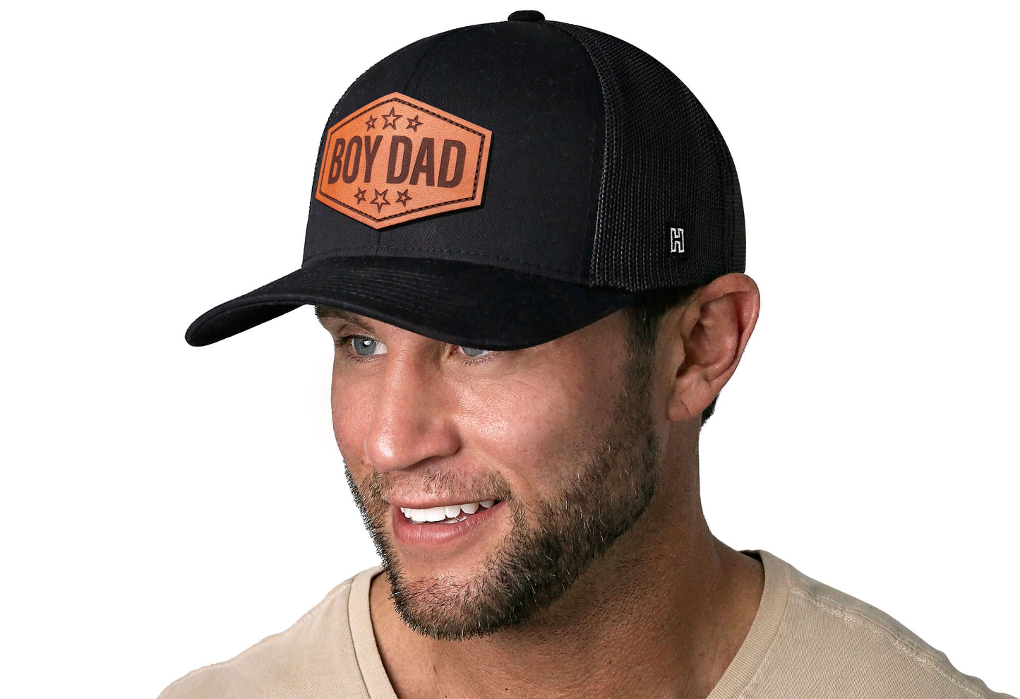 Boy Dad Leather Trucker Haka Hat Black Snapback