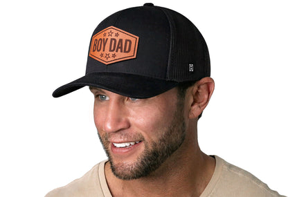 Boy Dad Leather Trucker Haka Hat Black Snapback