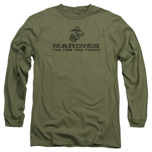 Us Marine Corps Distressed Logo Mens Long Sleeve Shirt Military Green Officially Licensed
