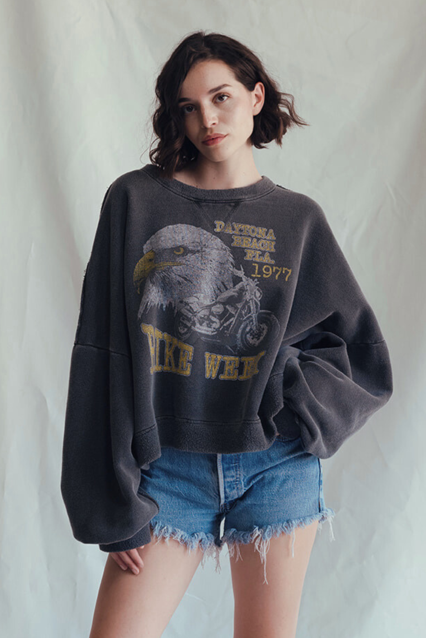 Daytona Beach Florida 1977 Eagle Motorcycle Womens Crewneck Sweatshirt Vintage Black