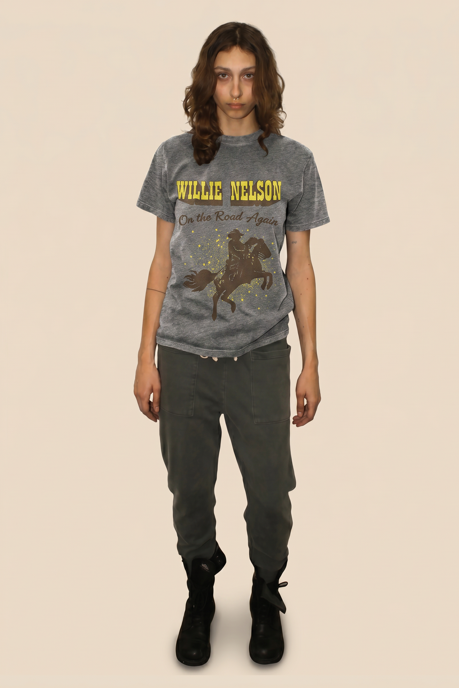 Willie Nelson On The Road Heather Tee Womens T Shirt Dark Grey